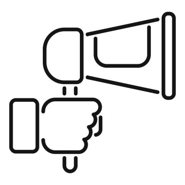 Bir elin megafonu kavrayan basit taslak simgesi, beyaz bir arkaplanda izole edilmiş.