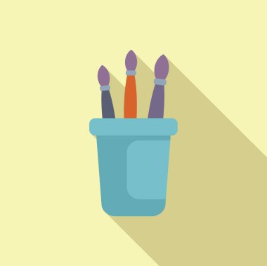 Düz tasarımı ve uzun gölgesi olan bir kaptaki renkli sanat fırçalarının vektör çizimi