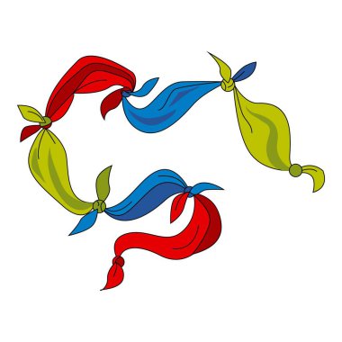 Beyaz arkaplanda izole edilmiş kırmızı, mavi ve yeşil bandana düğümleri.