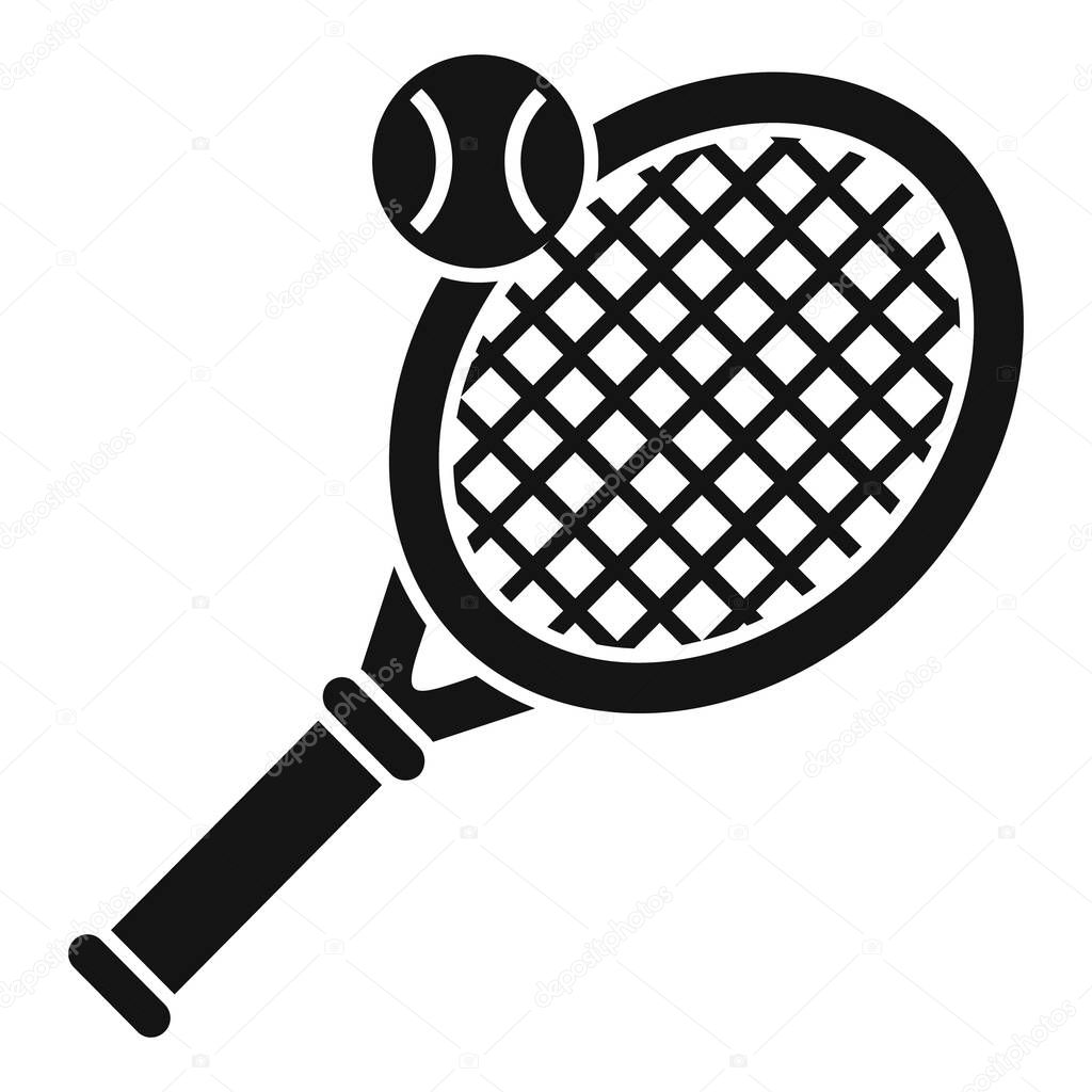 Black and white vector icon of a tennis racket and ball, perfect for sports graphics