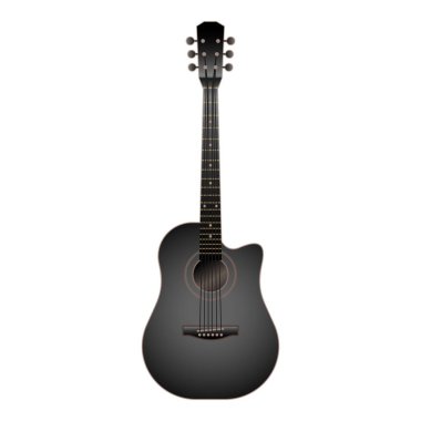 Pırıltılı siyah akustik gitar, saf beyaz bir arkaplanda izole edilmiş, müzik temalı tasarımlar için ideal.