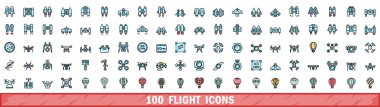 100 uçuş ikonu ayarlandı. Uçuş vektörü simgelerinin renk çizgisi beyaz üzerine ince çizgi rengi