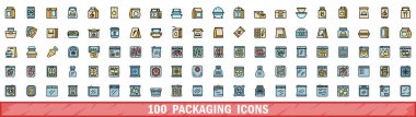 100 paket ikonu ayarlandı. Beyaz üzerinde ince çizgi rengi olan ambalaj vektör simgelerinin renk çizgisi