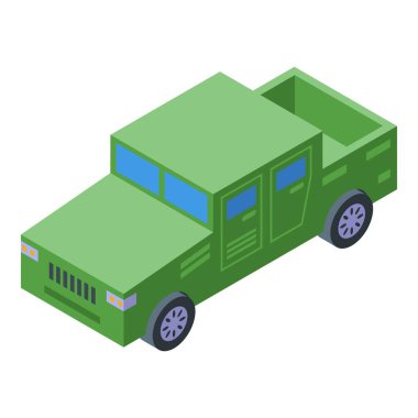 Yeşil izometrik askeri kamyonet park halinde, harekete hazır.