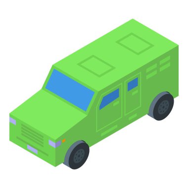 Beyaz arka planda izometrik görüşlü askerleri taşıyan yeşil zırhlı askeri araç.