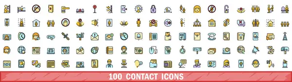 stock vector 100 contact icons set. Color line set of contact vector icons thin line color flat on white