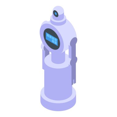 Beyaz modern robot göğüs izometrik görüşünde dijital arayüzü ile ayakta duruyor