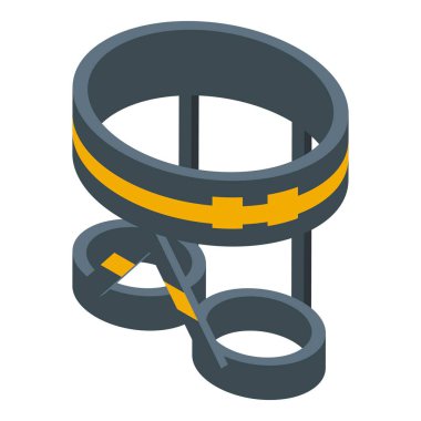 Tırmanma koşumu kayışları ve metal tokaları ile sergileniyor