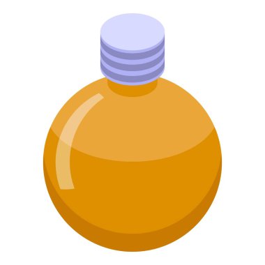 Gümüş kapaklı yuvarlak cam şişe turuncu bir sıvı içeriyor.