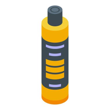 Beyaz arkaplanda izole edilmiş web tasarımı için siyah etiket izometrik illüstrasyonlu sarı kozmetik şişe