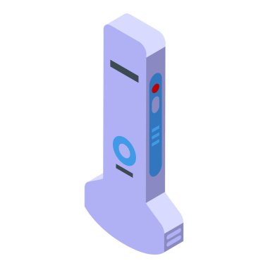 Beyaz zemin üzerinde duran modern internet yönlendirici, gösterişli bir izometrik görünüm ile resmedilmiş