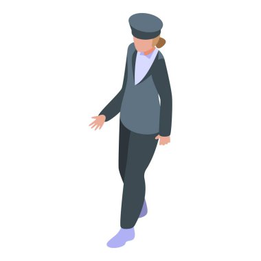 Üniformalı izometrik çizim içinde yürüyen kadın tren kondüktörü.