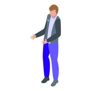 Dükkan asistanı müşterileri açık el hareketi izometrik illüstrasyonla davet ediyor