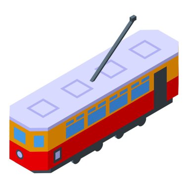 İzometrik görüntüde, şehir merkezinde seyahat eden kırmızı ve sarı bir tramvay tasviri