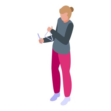 Genç bir kadın orkestra ya da orkestranın bir parçası olarak bir üçgen çalıyor.