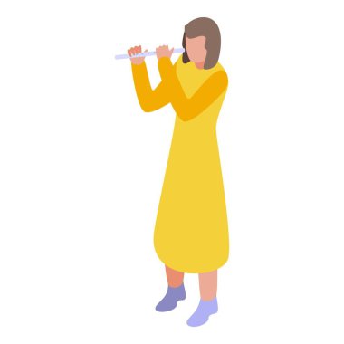 Sarı elbiseli genç kadın flüt çalıyor.