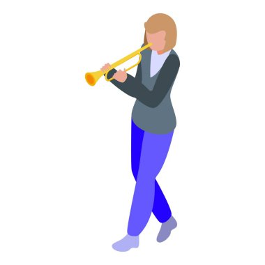 Genç bir kadın şık giyinmiş, yürürken trompet çalıyor.