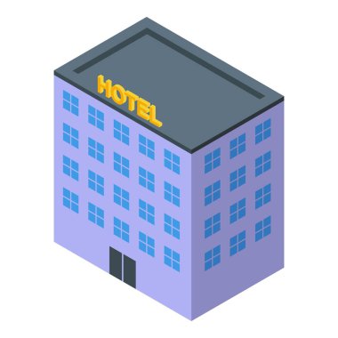 Mavi cepheli ve çoklu pencereli modern şehir otel binası izometrik bir manzarayla resmedilmiştir
