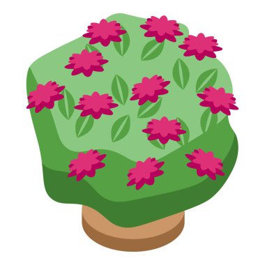 Güzel çiçek açan pembe çiçekler bahçe süslemesi için kahverengi saksıda çalıları örtüyor.