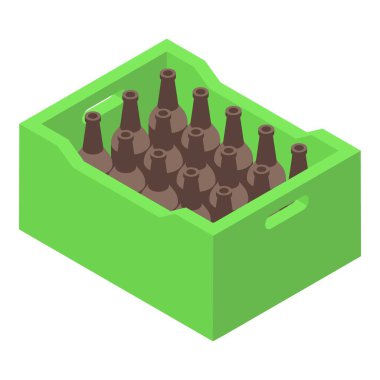 İzometrik görüntüde gösterilen etiketsiz kahverengi bira şişeleri içeren yeşil plastik sandık