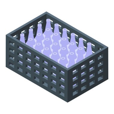 Açık siyah plastik bir sandığın içinde duran boş cam şişeler depolama veya taşıma için