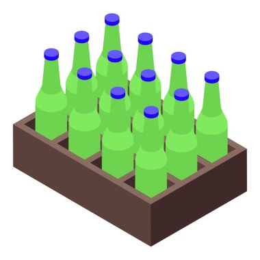 Mavi kapaklı on yeşil şişe kahverengi bir sandığın içinde dikiliyor.