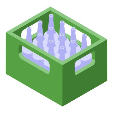 Süpermarketlere veya restoranlara teslim etmek için cam su veya bira şişeleri taşıyan yeşil plastik sandık