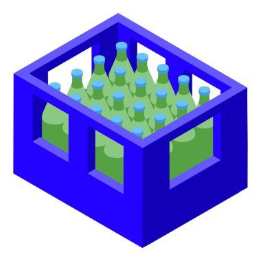 İçi sıvı dolu yeşil cam şişeler taşıyan mavi plastik sandık içecek teslimatı veya geri dönüşüm gibi kavramları resmetmek için mükemmeldir.