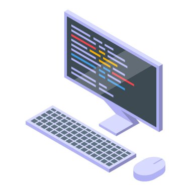 Bilgisayar programlama kodu ekranda klavye ve fare izometrik görünümü ile görüntüleniyor