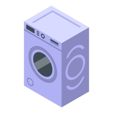 Modern çamaşır makinesi kıyafetleri dönen davul ve izometrik görünümle temizliyor.