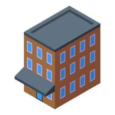 Dükkan izometrik ikona sahip kahverengi şehir binası, şehir altyapısı