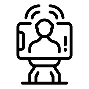 Ekranda video görüşmesi yapan bir adamla tablet tutan bir robot çizgisi simgesi