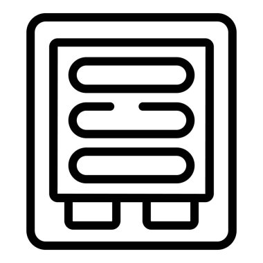 Sabit diskleri olan bir sunucu rafının basit satır resim simgesi, bir sunucu odasındaki veri depolamasını simgeliyor