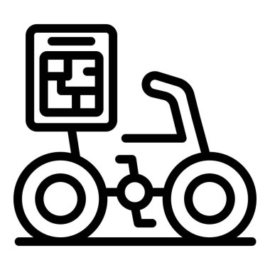 Bir teslimat bisikletinin harita taşıyan çizgi simgesi, teslimat endüstrisindeki modern navigasyonu sembolize ediyor.