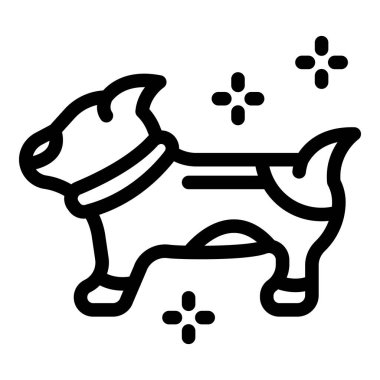 Tam vücut koruyucu bir kıyafet giymiş, karla kaplı bir köpeğin çizgi çizimi.