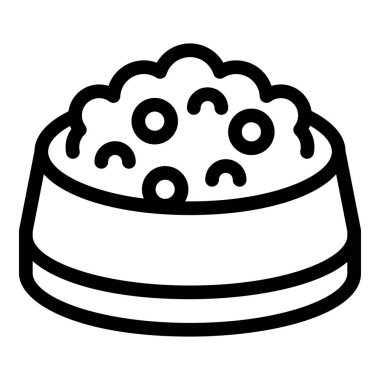 Beyaz arka planda kuru yiyeceklerle dolu bir köpek kasesinin siyah ana hatlı simgesi.