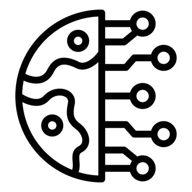 Küresel teknoloji ve dijitalleşme kavramını temsil eden devre kartı desenli bir kürenin çizgi sanat simgesi