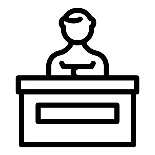 Stock vector Line art icon of a businessman standing behind desk with folded arms giving a speech