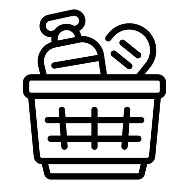 İçinde şampuan ve saç fırçası bulunan bir alışveriş sepetinin basit bir simgesi. Kişisel bakım ve kişisel hijyen kavramını temsil ediyor.