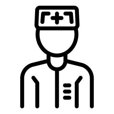 Sağlık hizmetleri uzmanının basit bir çizgisi simgesi önlük ve sağlık haçı takan bir şapka, web siteleri ve uygulamalar için ideal.