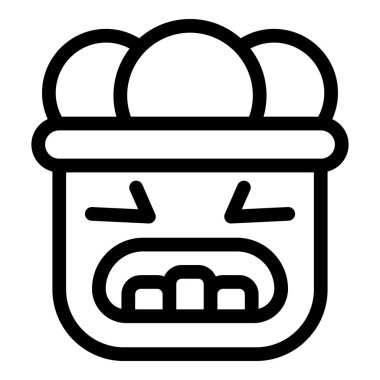 Keskin dişleri olan kızgın tiki maskesi siyah ve beyaz çizgili bir resimde dişlerini gösteriyor.