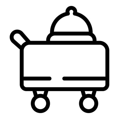 Oda servisi arabasının çizgi ikonu saat ile kaplı, yemek teslim etmeye hazır.