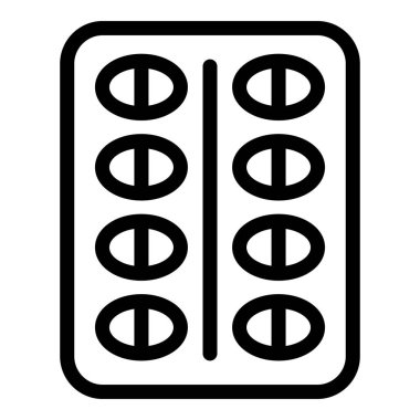 İlaçları ve sağlık hizmetlerini temsil eden, tabletleri içeren su toplayan bir paketin basit çizgi simgesi