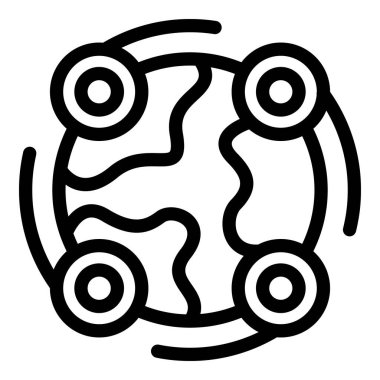 Dünya ikonu küresel bağlantıyı temsil eden çember ve çizgilerle çevrili.