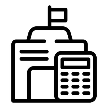 Okul bütçe hesaplamasının basit simgesi, bayraklı bina yakınında hesap makinesi var.