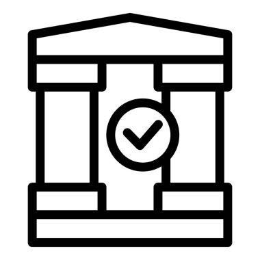 İşaretli bir banka binasının basit çizgi simgesi, başarılı bir finansal operasyonu temsil ediyor.