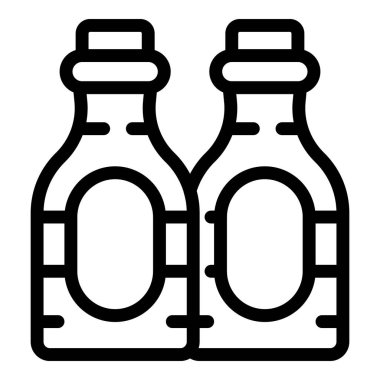 İki şişe ambalaj modeli yan yana duruyor ve damgalamak için boş etiket var.