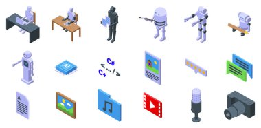 Robot-yazar simgeleri ayarlandı. İçerik oluşturucu, sanatçı, yazar, müzisyen, programcı ve blog yazarı olarak çalışan yapay zeka