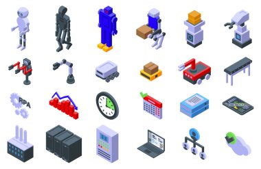 RPA simgeleri ayarlandı. Ürün üreten robotlarla otomasyon endüstrisi konsepti, üretim hattı, yazılım arayüzü ve veri analizi üzerinde çalışmak. İzometrik görünüm