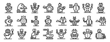 Robot restoran simgeleri ayarlandı. Restoranda çalışan farklı robotlar, yiyecek ve içecek servisi yapan ikonlar.